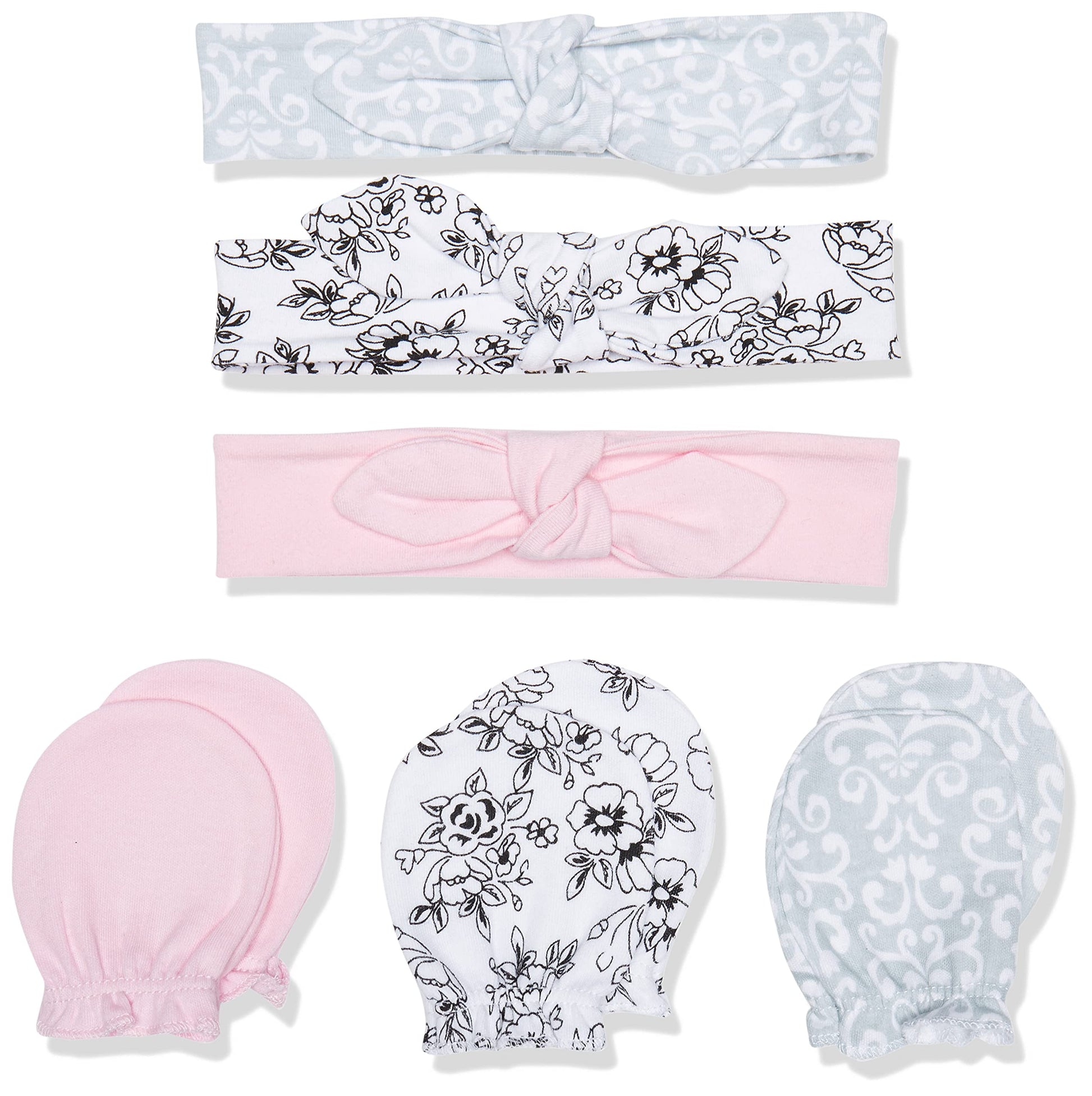 Hudson Baby Infant Girl Cotton Headband And Scratch Mitten Set Toile, 0-6 Months