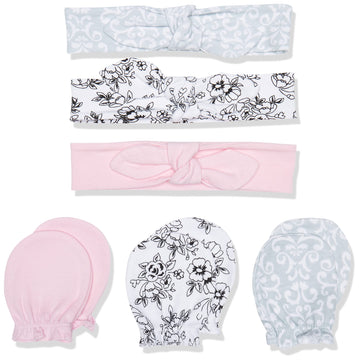 Hudson Baby Infant Girl Cotton Headband And Scratch Mitten Set Toile, 0-6 Months