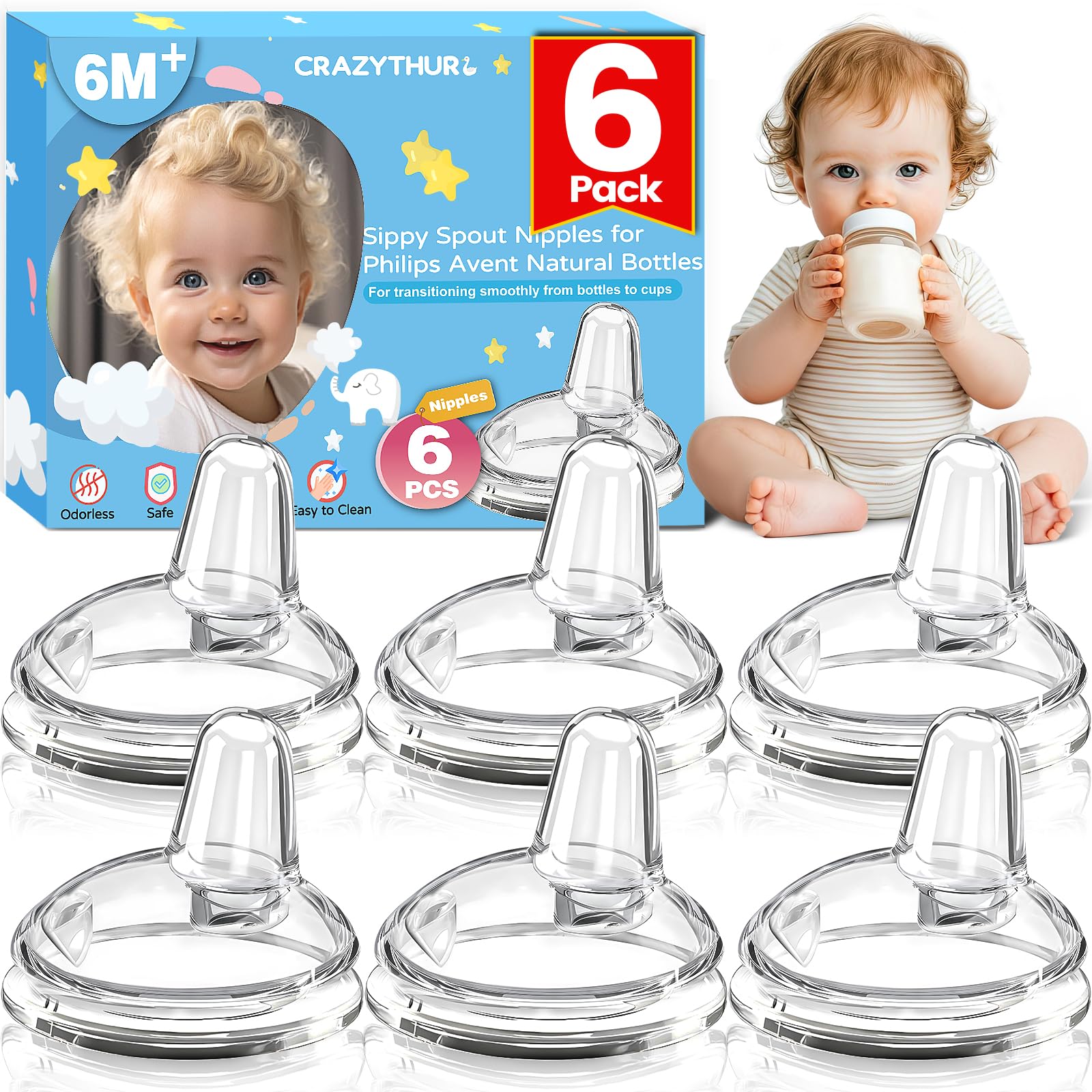CRAZYTHUR Sippy Spout Nipples(6 Pack), Compatible with Philips Avent Natural Bottles, My Grippy Spout & Natural Trainer Sippy Cu