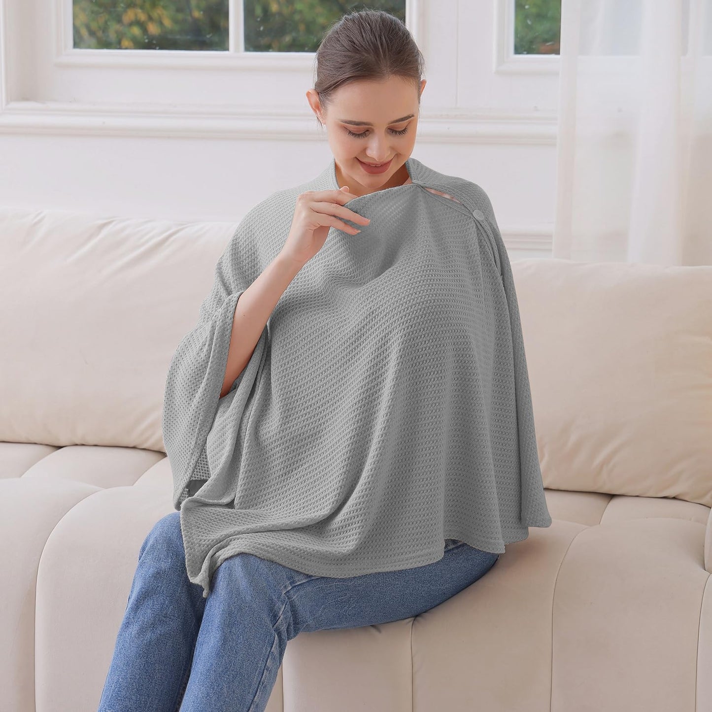 Knit Nursing Cover For Baby Breastfeeding, Breathable And Soft, Wide Neck With Stretch For Easy View (Grey)