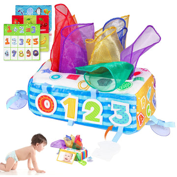 VPOJOY Baby Tissue Box Toy, Soft Montessori Tissue Box Baby Toys 6 to 12 Months, High Contrast Crinkle Paper Sensory Silk Scarve