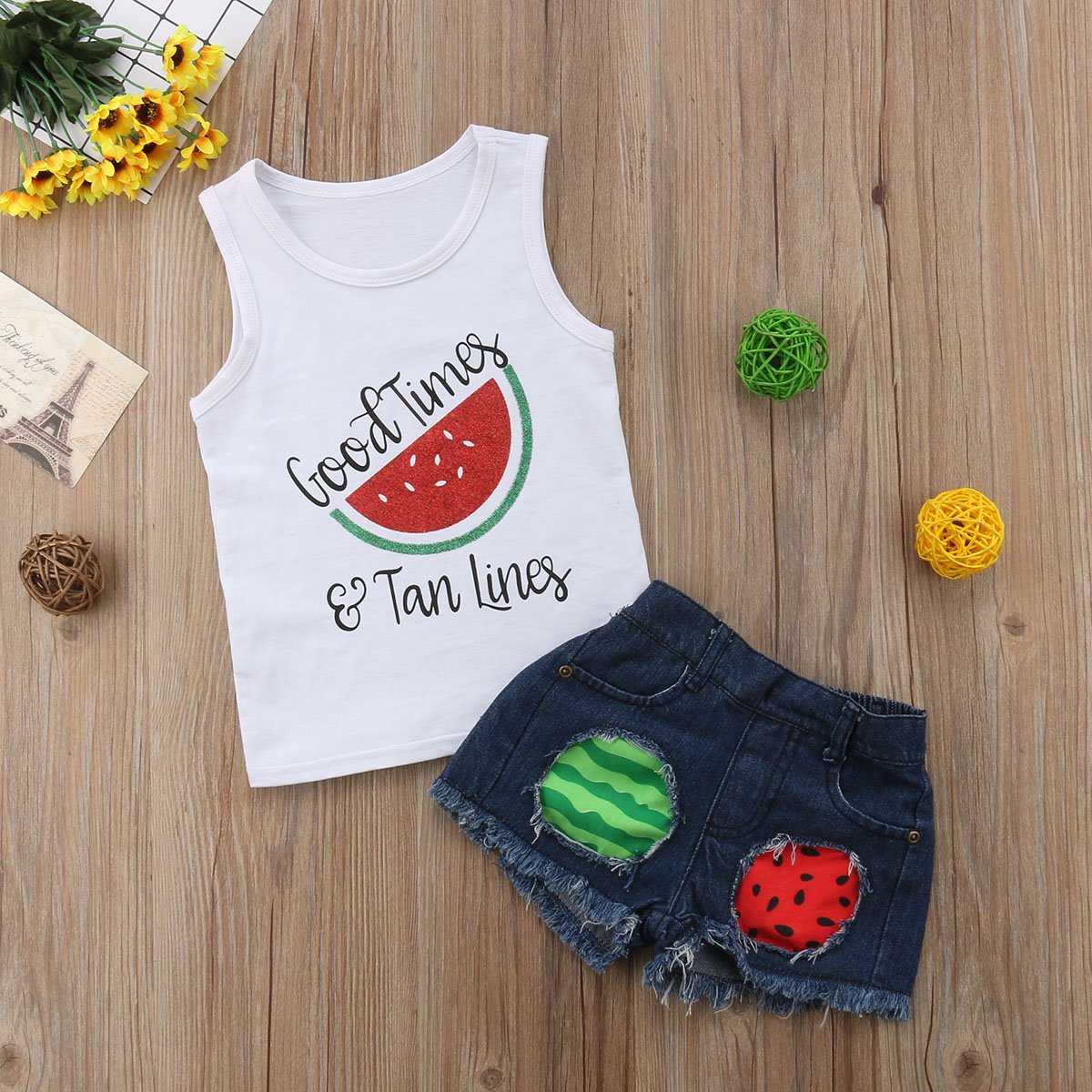 Jiaoutky Toddler Baby Girls Denim Shorts Outfits Sleeveless T-Shirt Tops Hipster Jean Pants Summer Clothes Set ?, Watermelon, 2-