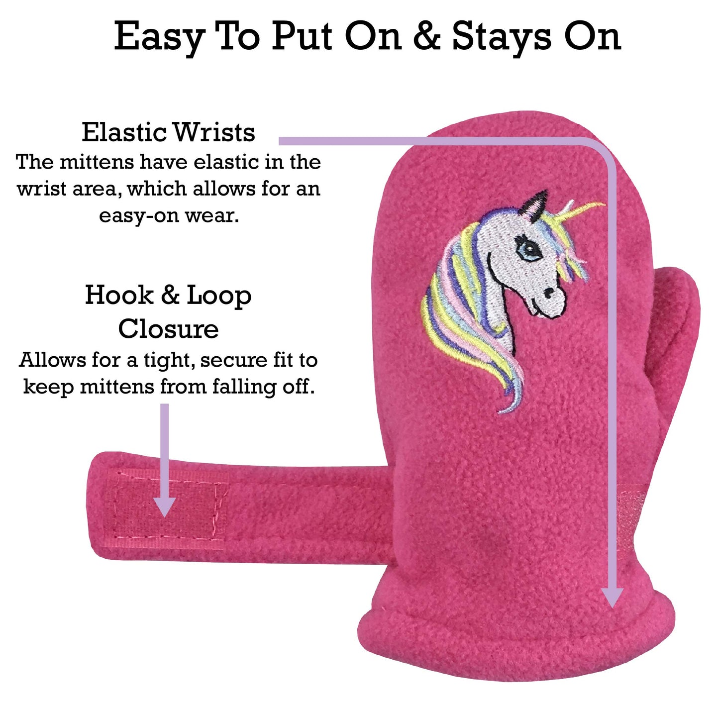 N'Ice Caps Baby Toddler Mittens Kids 2 Pairs Fleece Gloves Winter Warm Sherpa Lined (Fuchsia Unicorn/Light Purple Solid Pack, 2-