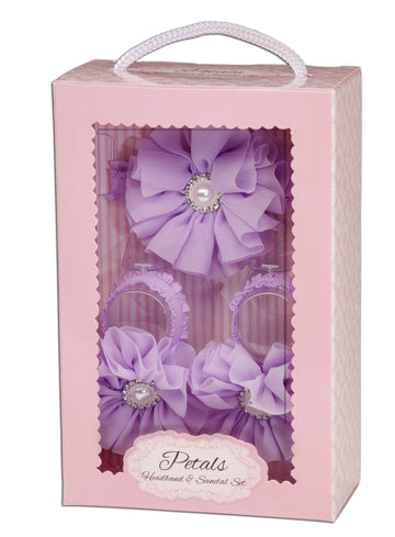 Cherished Moments 'Petals' Lavender Barefoot Baby Sandal And Headband Set With Flower Accent And Gift Boxed For Baby Girl Gift