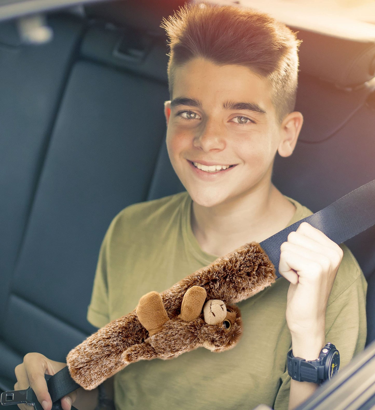 Dollibu Brown Monkey Plush Car Seatbelt Cover - Soft Fluffy Cushion Support For Safety Seat Belt Strap Cover, Decorative Wild Li