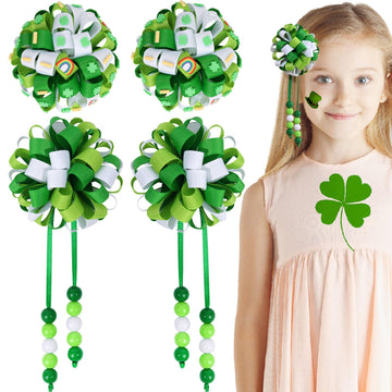 Cn 4 Pcs St. Patrick'S Hair Bows For Girls, Flower Hair Accessories For Girls Green Clover Grosgrain Ribbon Bows With Alligator