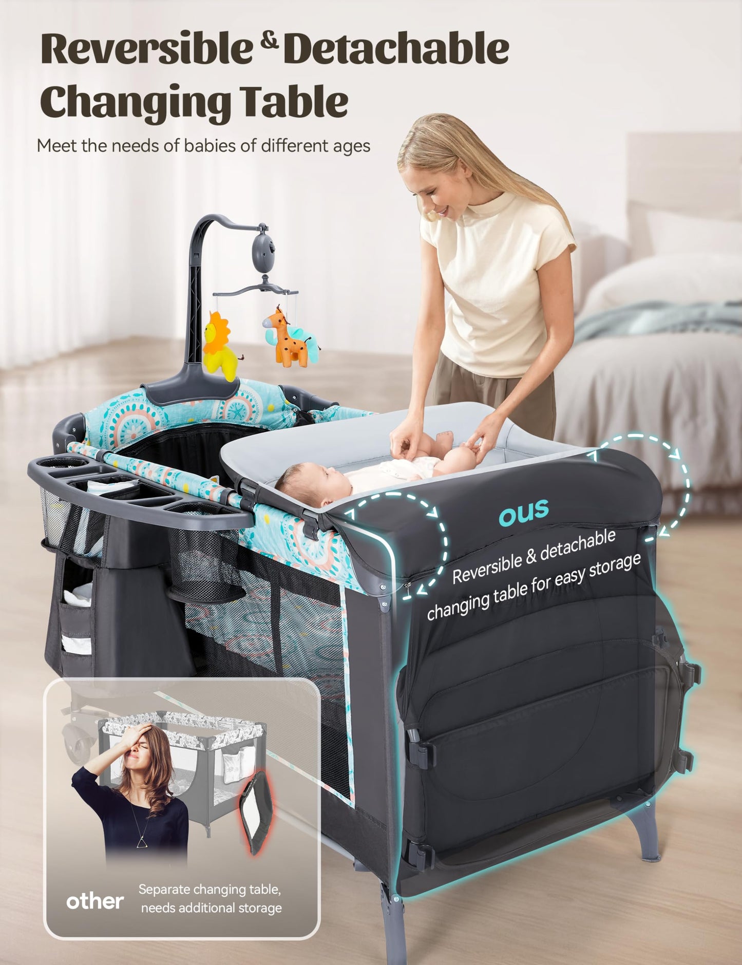 Cozibb Baby Bassinet Bedside Crib 5 In 1 With Detachable Changing Table, Pack And Play With Mattress, Storage, Music And 3 Adjus