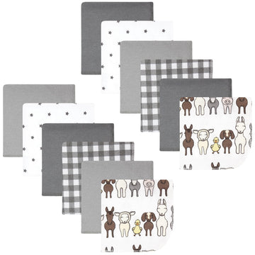 Hudson Baby Unisex Baby Flannel Cotton Washcloths 12-Pack, Farm Friends Grey, One Size