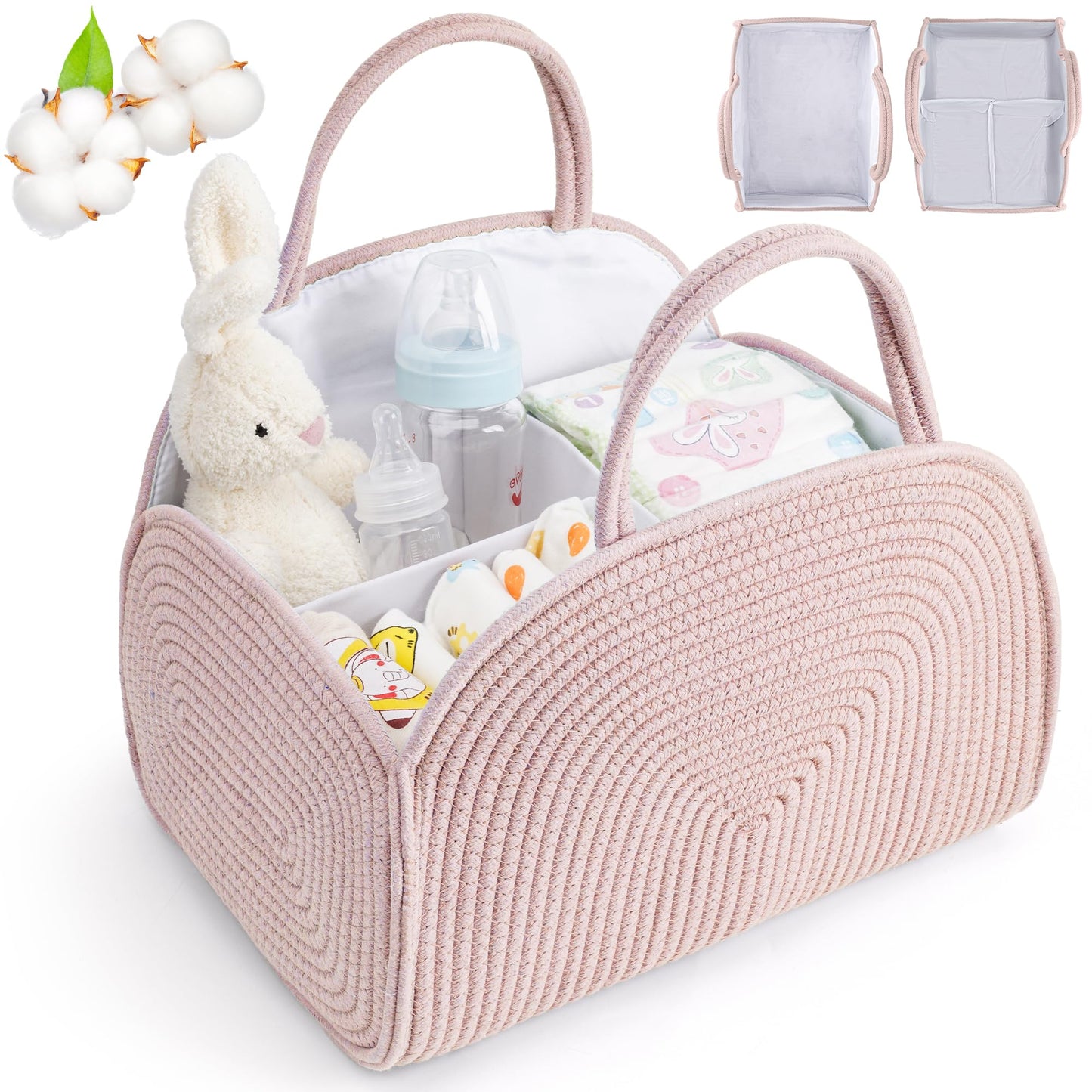 Diaper Caddy Organizer for Baby, Cotton Rope Baby Gift Basket,Portable Diaper Organizer for Changing Table,Diapers Nursery Stora