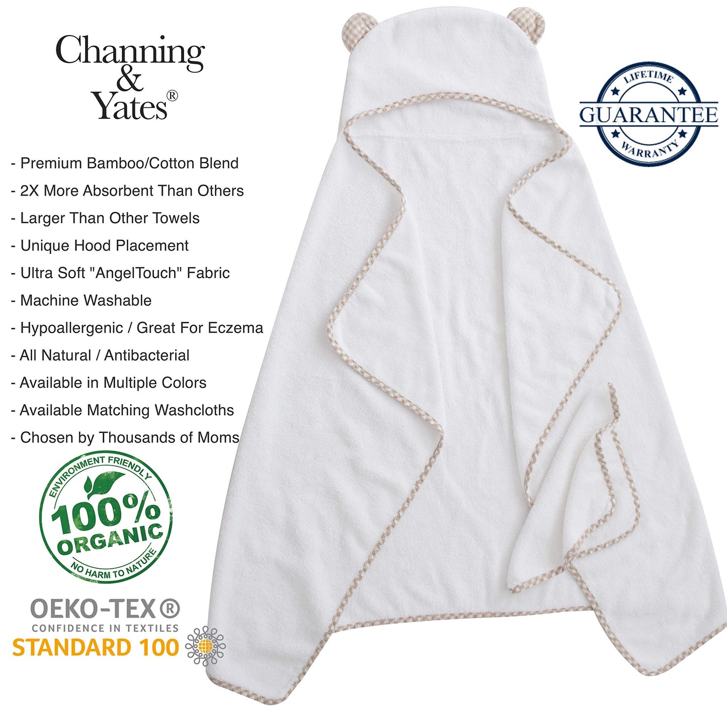 Channing & Yates Premium Boutique Organic Baby Bath Towel And Washcloth Set - Vicose Bamboo Baby Hooded Towel - Soft Baby Towels
