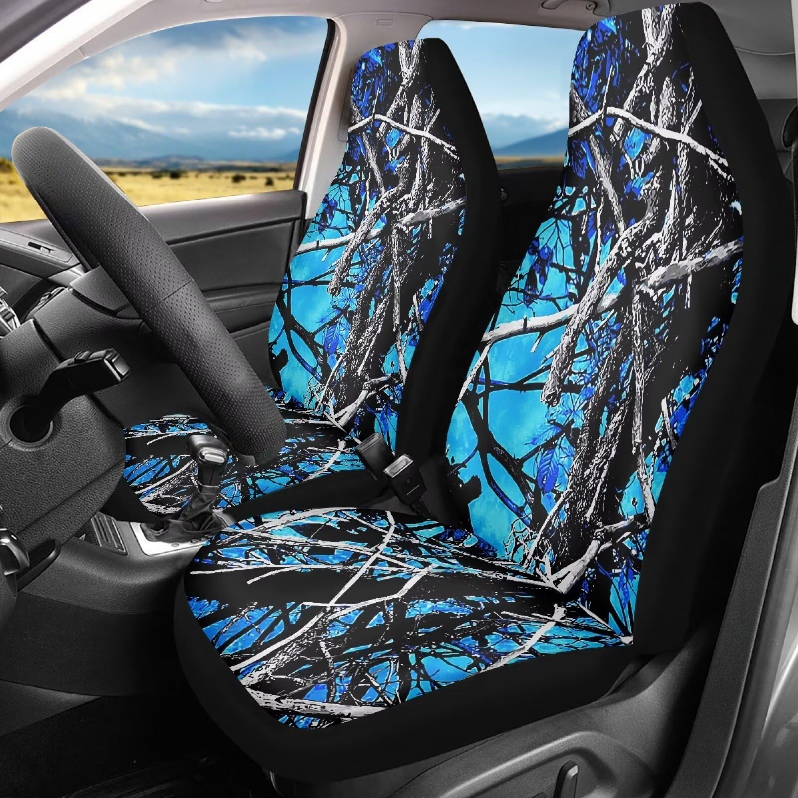 Whosucclay Blue Camo Oak Hunting Print Car Seat Covers, 2 Packs Durable Bucket Seat Protection, Car Accessories for Women Girls