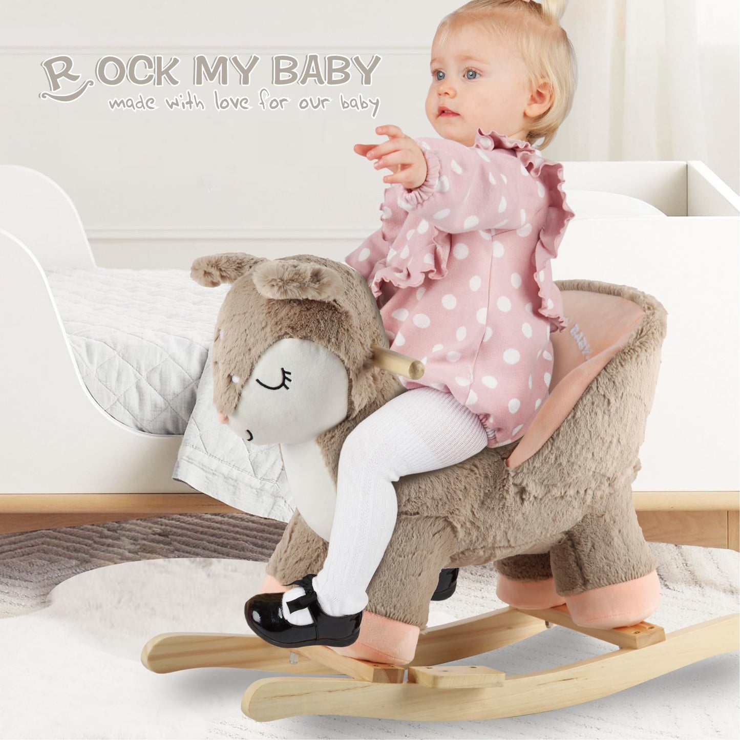 Rock My Baby Rocking Horse Deer with Chair, Plush Stuffed Animal Rocker, Baby Rocker with Sweet Music, Animal Ride on,Pink Deer,