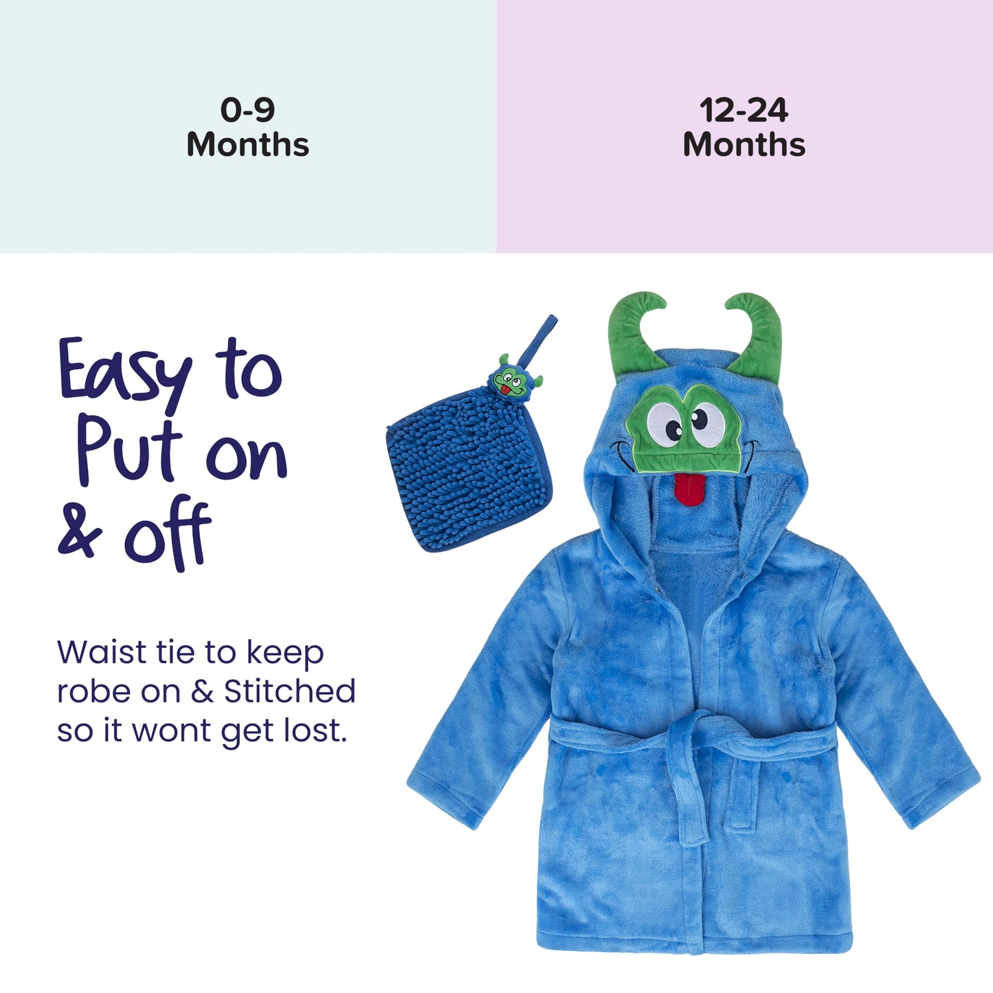 Rising Star Baby Boy Robe, Monster Blue - Soft Plush Bath Towel Robe Spa Set For Infants, 0-9 Months