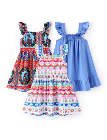 Patpat 3 Pack Toddler Girls Ruffle Sleeve A-Line Dresses Baby Girl Casual Clothes Multi-Pack Sundress, Multicolor Boho, 3 Years