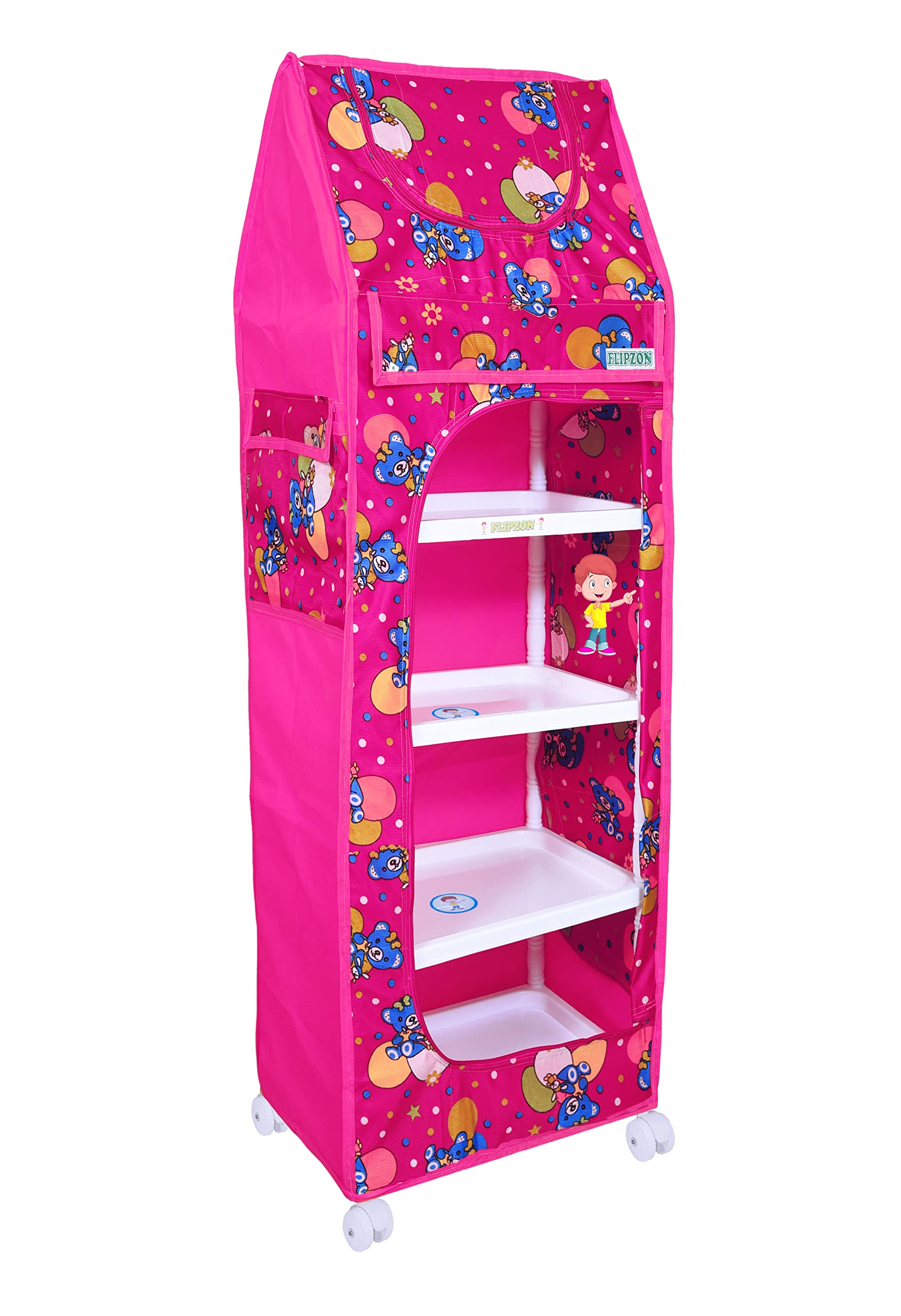 Flipzon Plastic Multipurpose 5 Shelve Baby Wardrobe, Foldable, (Unbreakable Material) (Medium) (Pink)