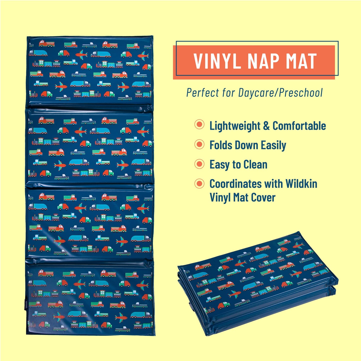 Wildkin Kids Vinyl Nap Mat - Foldable, Durable Rest Mat For Daycare & Preschool - Transportation