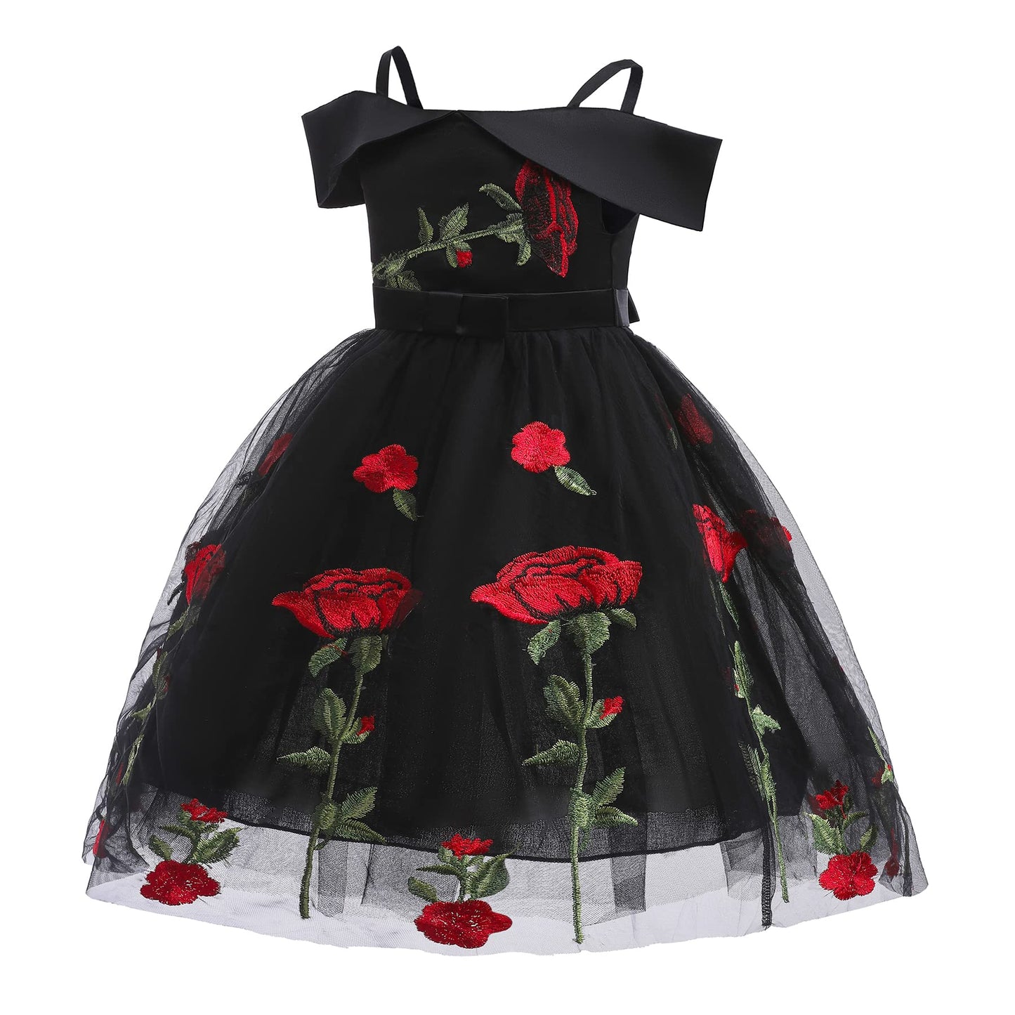 Girls Off Shoulder Dress Kids Christmas Sunday Halloween Baptism Christening Ball Gown Tulle Dresses (2910 Black,140) 8-9 Years