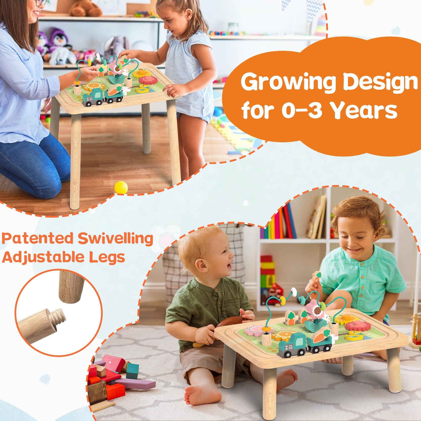 Himold Activity Table for Kids 6-36 Months, 9 in 1 Wooden Montessori Toys with Bead Maze Shape Sorter Train Toy, Baby Sensory Ta