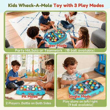 2-Player Whack Game Mole - Toys for Age 3-12 Kids,2 Hammers,3 Modes with Sound & Light,Safe Educational Pounding Toy,Birthday fo