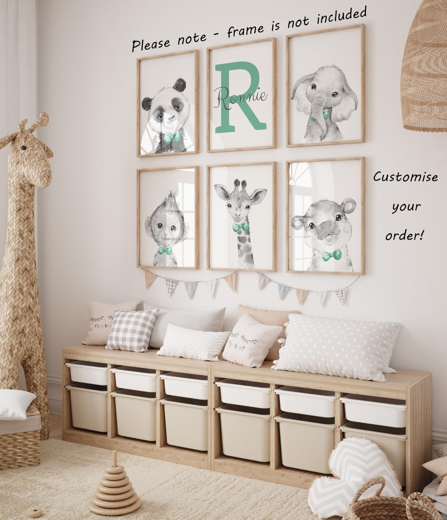 Personalized Safari Animals For Baby Boys Nursery Bedroom Unframed Set Of 6 Poster Prints, Personalized Name Blue Green Yellow B