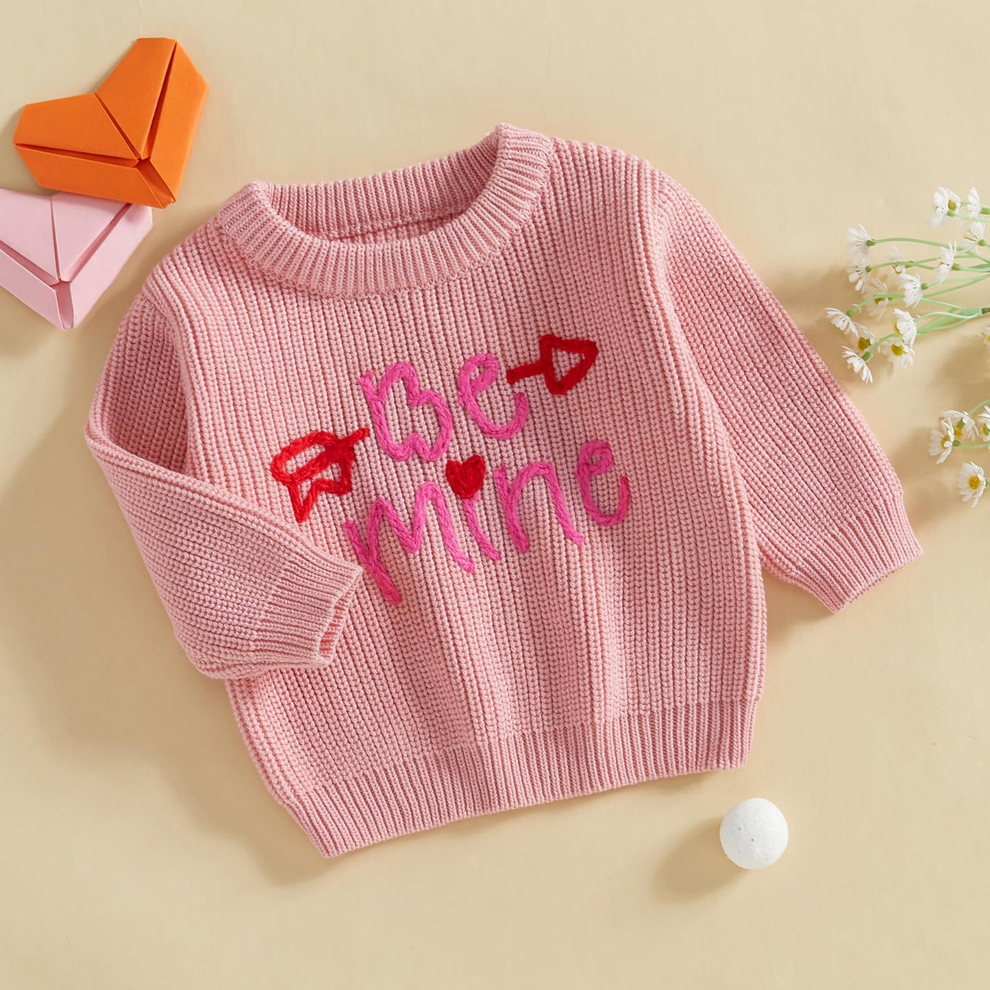Nokpsedcb Baby Girl Cute Long Sleeve Heart Flowers Embroidery Oversized Sweater Toddler Valentine Outfit (Pink Be Mine, 3-4 Year