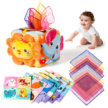 Baby Tissue Box Toy - Sensory Toys for Babies 6 - 12 Months, Montessori Toys for 6 Month with Crinkle Tissues, Baby Scarf Toy fo