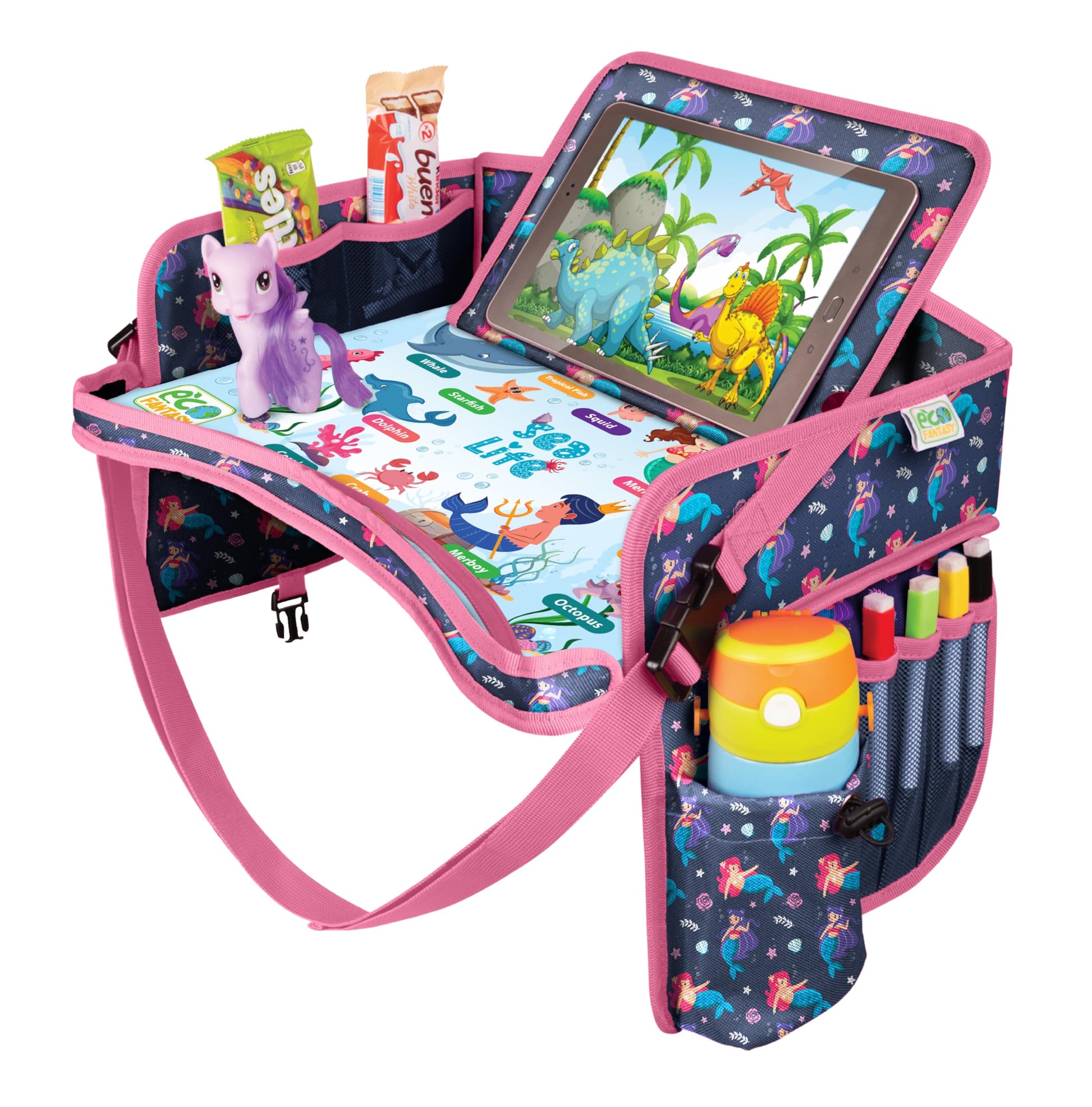 ECOFANTASY Kids Travel Tray - Waterproof Lap Table with No-Drop Large Tablet Holder - Car Seat Tray - Road Trip Essentials Kids 