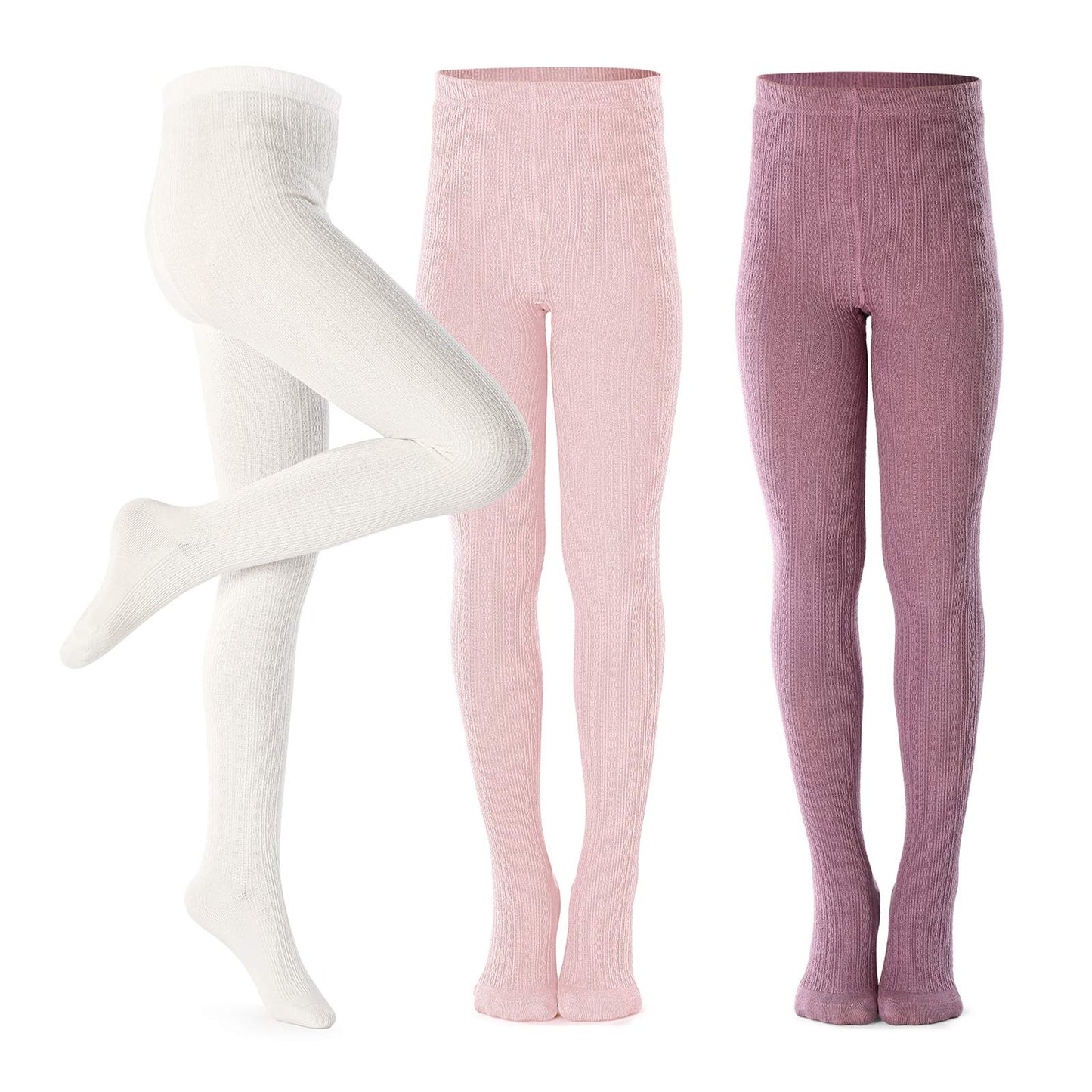 Petrass Girls Tights Toddler Cable Knit Cotton Footed Seamless Dance Ballet Baby Girls Leggings 3 Pack Pink/Purple/Ivory 7-8Y