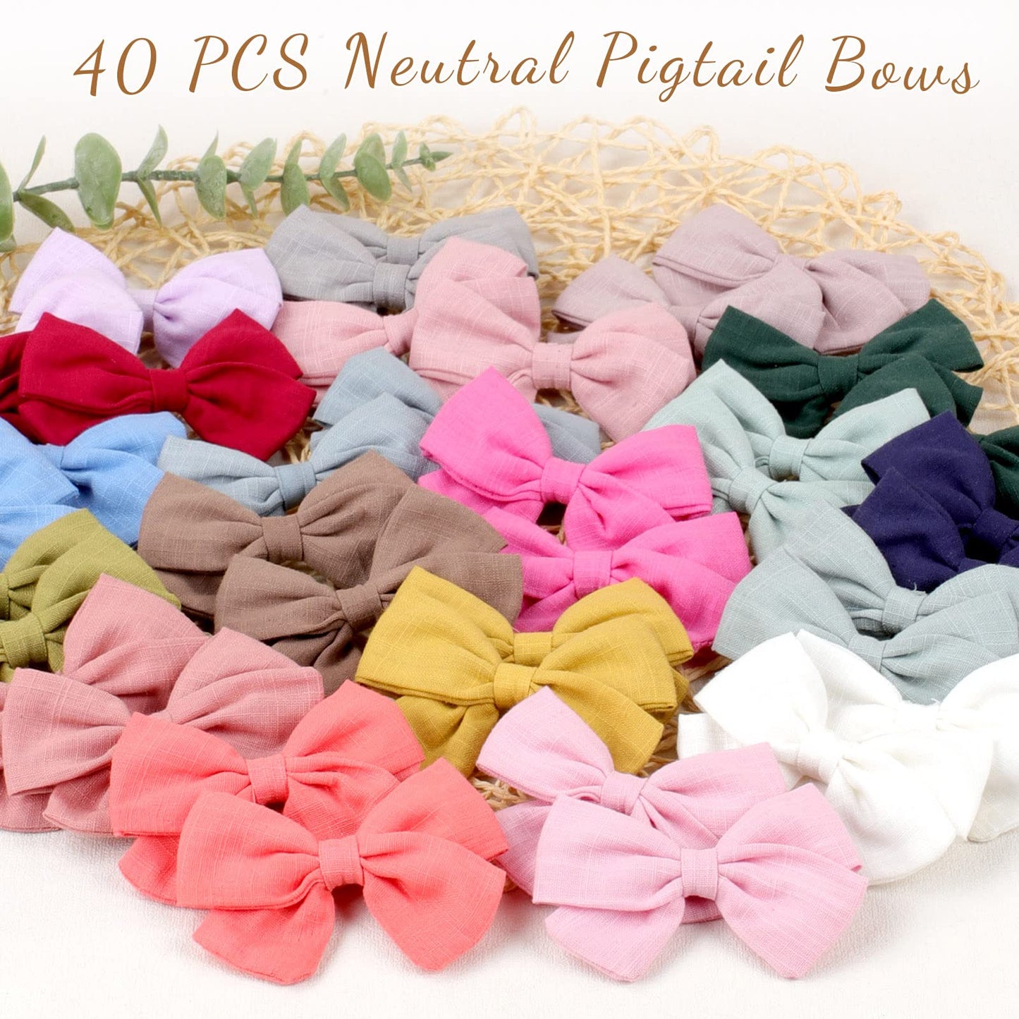 Oaoleer 40Pcs 3.5Inch Hair Bows For Toddler Girls - Linen Neutral Pigtail Bows Double Bun Ponytail Bows Alligator Clips Hair Bar