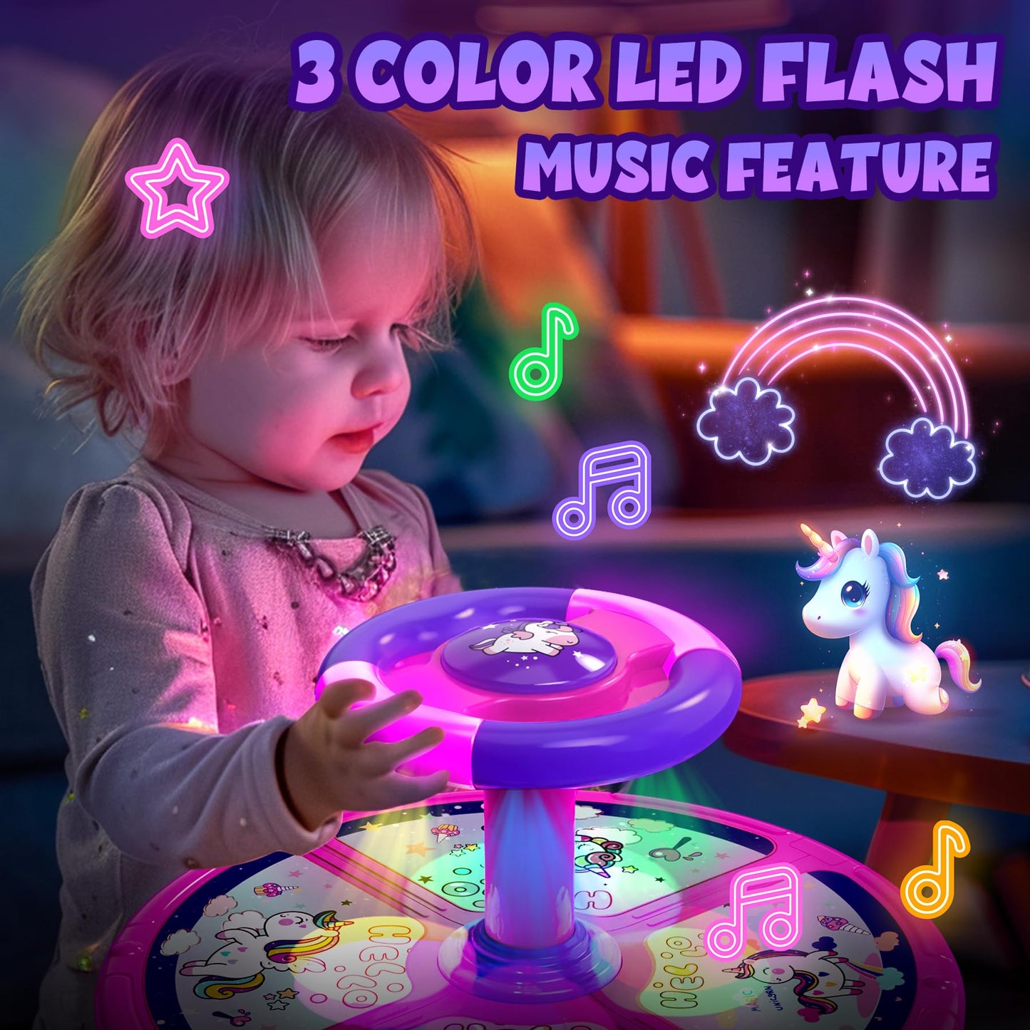 Hockvill Unicorn Sit And Spin Toy For Toddler Girls Ages 1 2 3 4 5, Christmas Birthday Gift For Kids, Toddler Spin Toy With Led