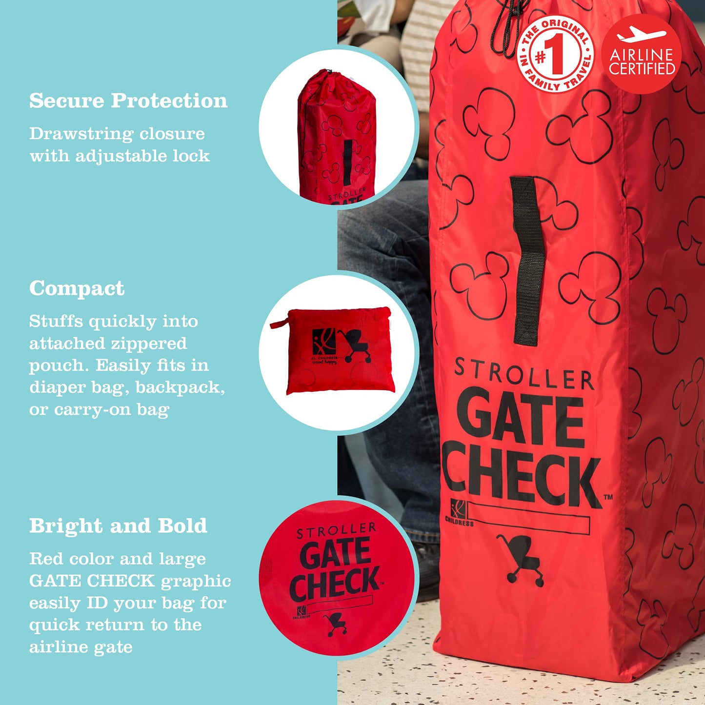 J.L. Childress Disney Baby Gate Check Bag For Single Umbrella Strollers - Disney Stroller Bag For Airplane - Stroller Travel Bag