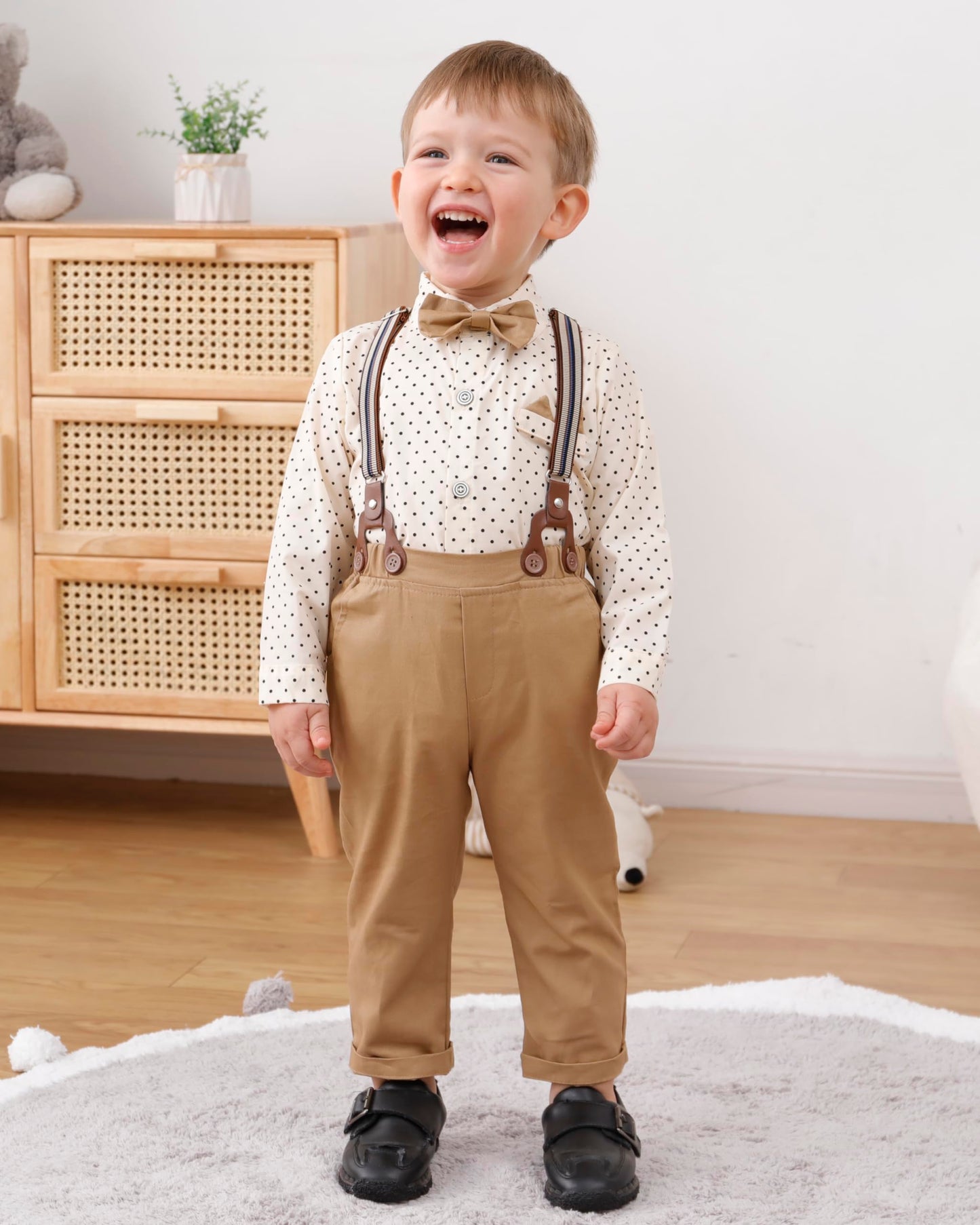 Yallet Toddler Baby Boy Clothes Suit Gentleman Outfits Formal Dress Shirt + Bowtie + Suspender Pants Wedding Party(L Beige, 3-4T