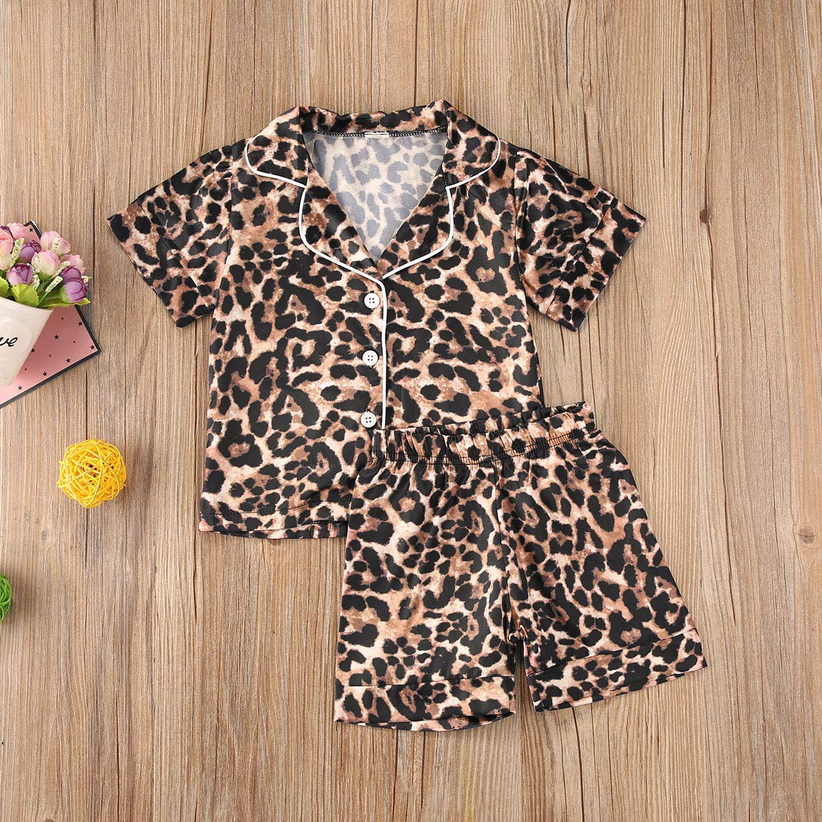 Toddler Baby Kids Satin Pajamas Set, Long Sleeve Button-Down Sleepwear Pjs For Girls (2T, Leopard-Short Sleeve)