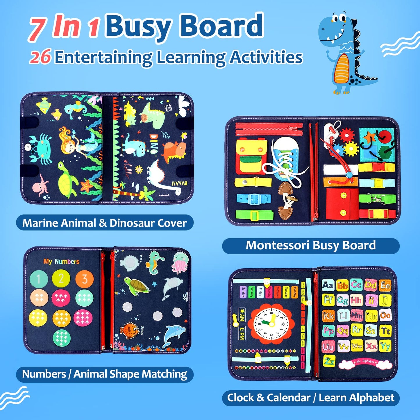 Qizfun Busy Board Montessori Toy for 1 2 3 4 Years Old, Educational Activity Sensory Board Preschool Learning Fine Motor Skills
