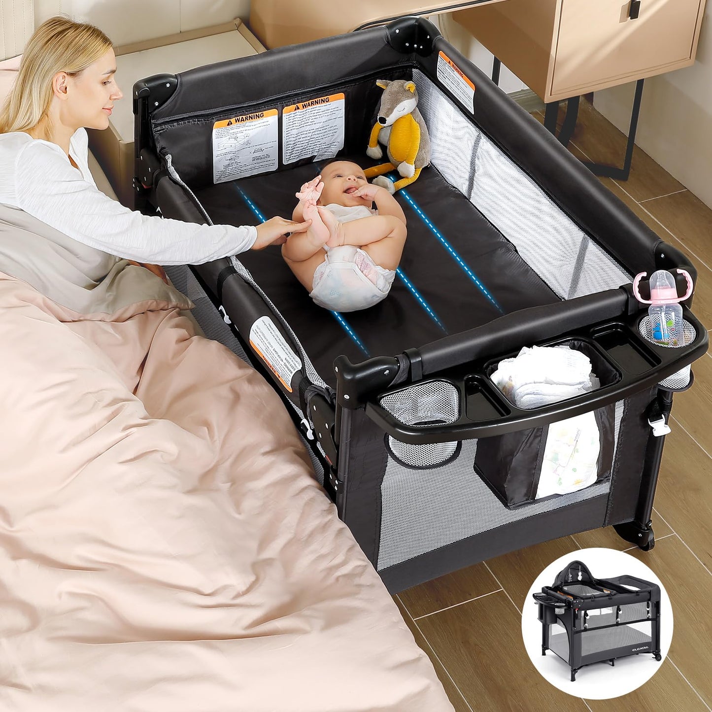 ELEMARA 5 in 1 Pack n Play,Adjustable Bedside Bassinet Sleeper with Mattress,Nursery-Center Baby Playard,Diaper Changing Table,P