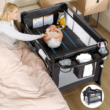 ELEMARA 5 in 1 Pack n Play,Adjustable Bedside Bassinet Sleeper with Mattress,Nursery-Center Baby Playard,Diaper Changing Table,P