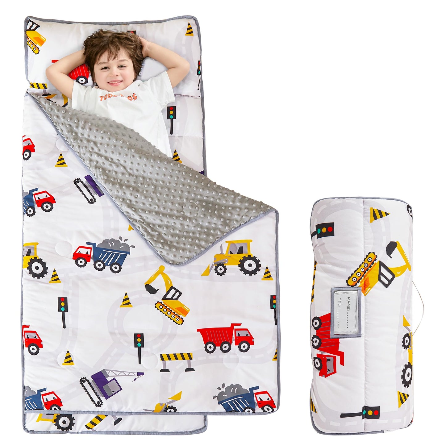 Viviland Toddler Kid Nap Mat for Preschool, Boys Car Truck Slumber Bag, Daycare Sleeping Bag with Pillow and Blanket, Kindergart