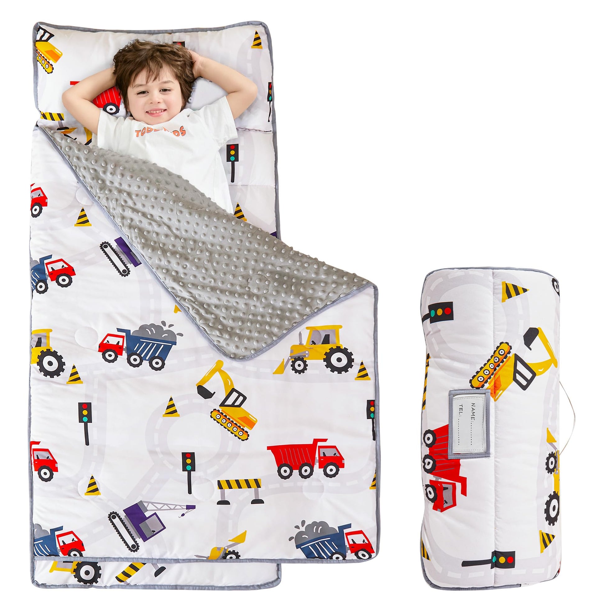 Viviland Toddler Kid Nap Mat for Preschool, Boys Car Truck Slumber Bag, Daycare Sleeping Bag with Pillow and Blanket, Kindergart