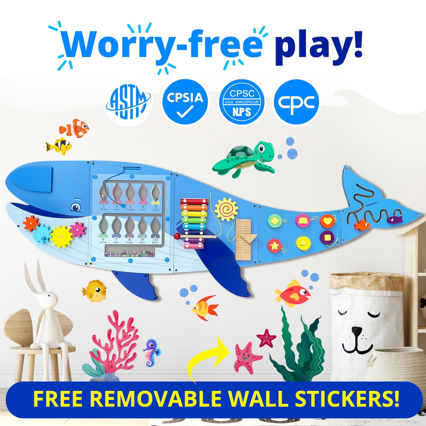 Molcey Whale Sensory Wall Panel for Kids, Includes Removable Theme Stickers, Busy Board Wall Toys for Toddlers, Activity Perfect