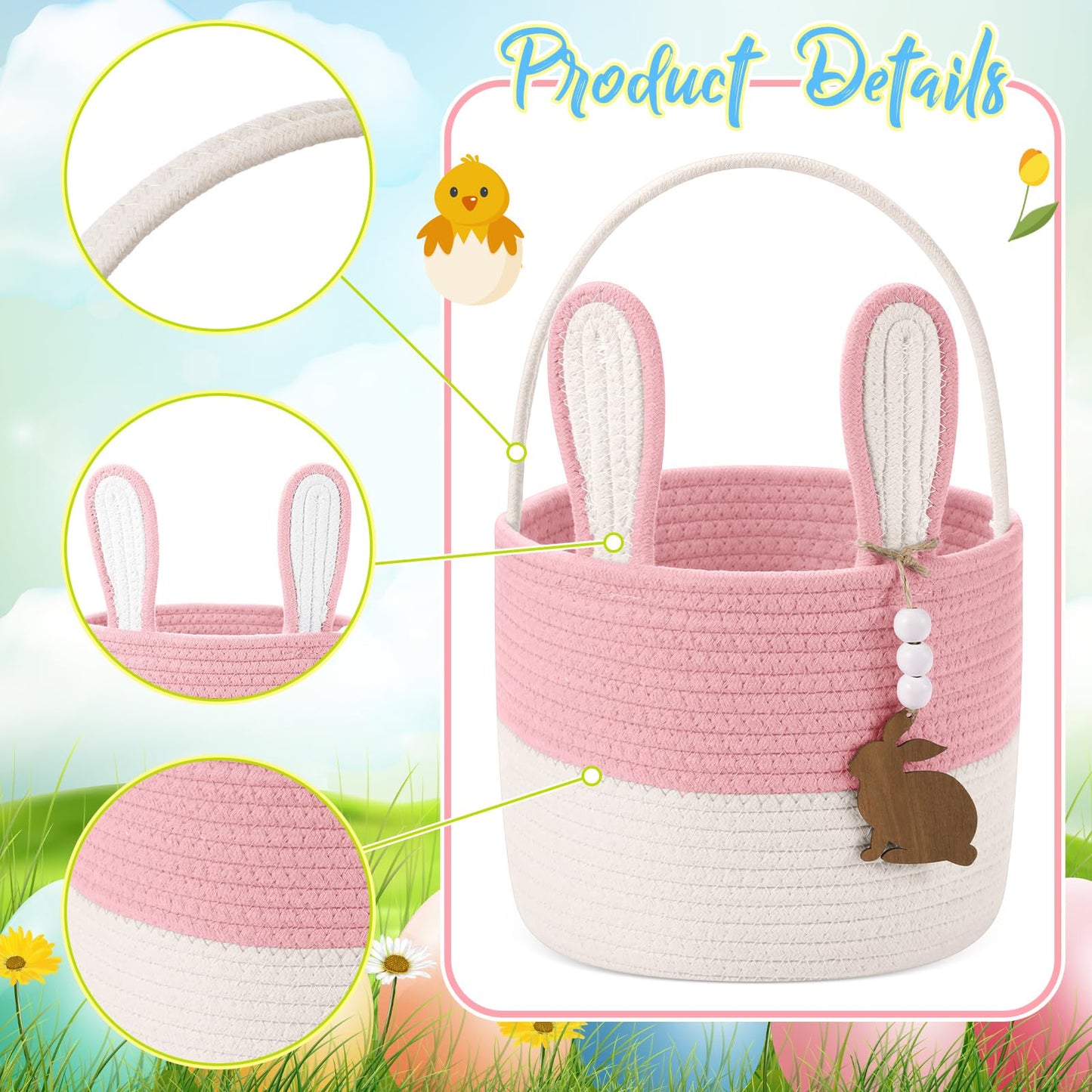 Silifine Easter Baskets Easter Bunny Basket With Name Tag Rabbit Ear Basket Rustic Woven Round Blanket Storage For Kid Candy Gif