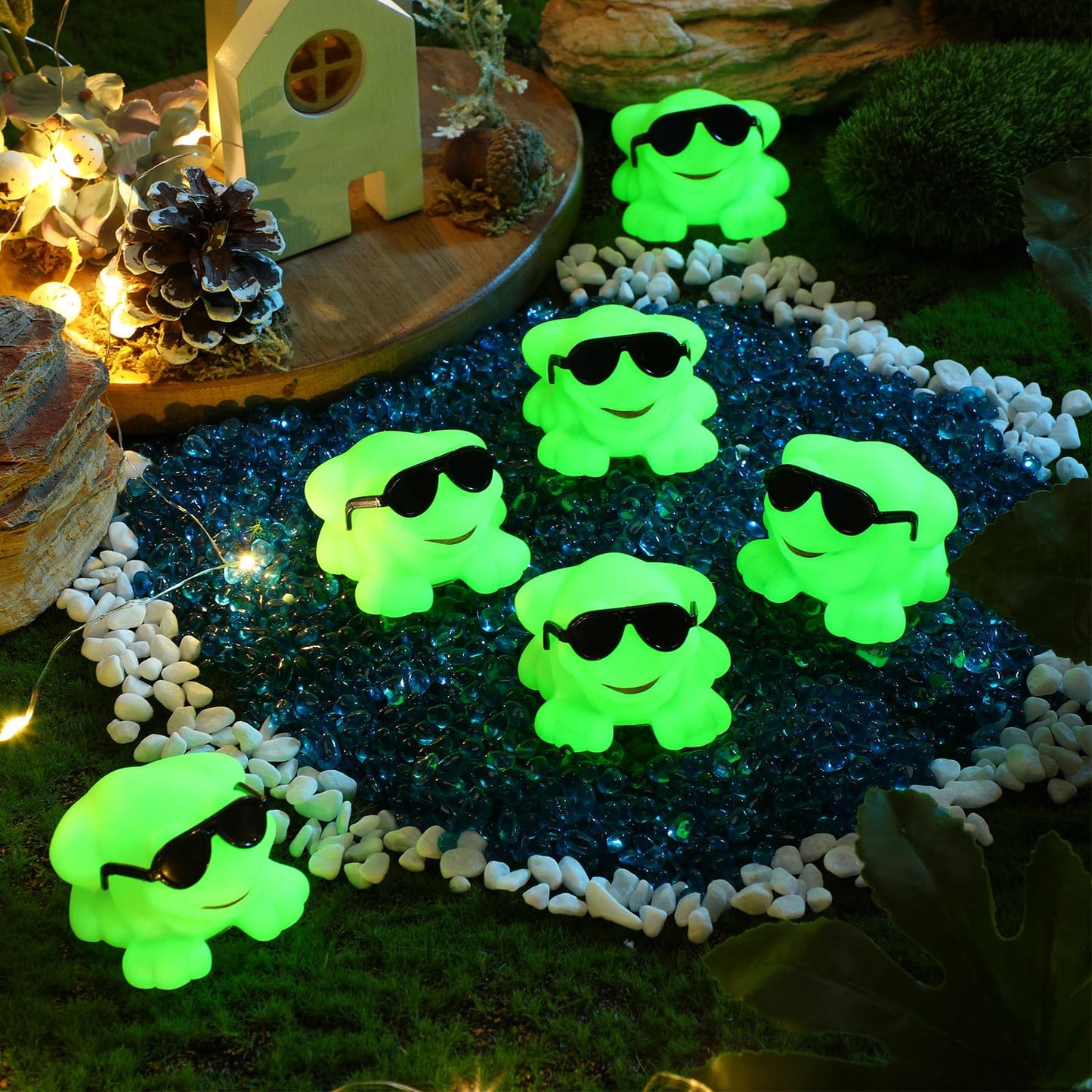 Halloscume 36 Pack Rubber Frogs Squeak and Floating Mini Glow in The Dark Frogs with Glasses Cute Bathtub Toys Swimming Bath Toy