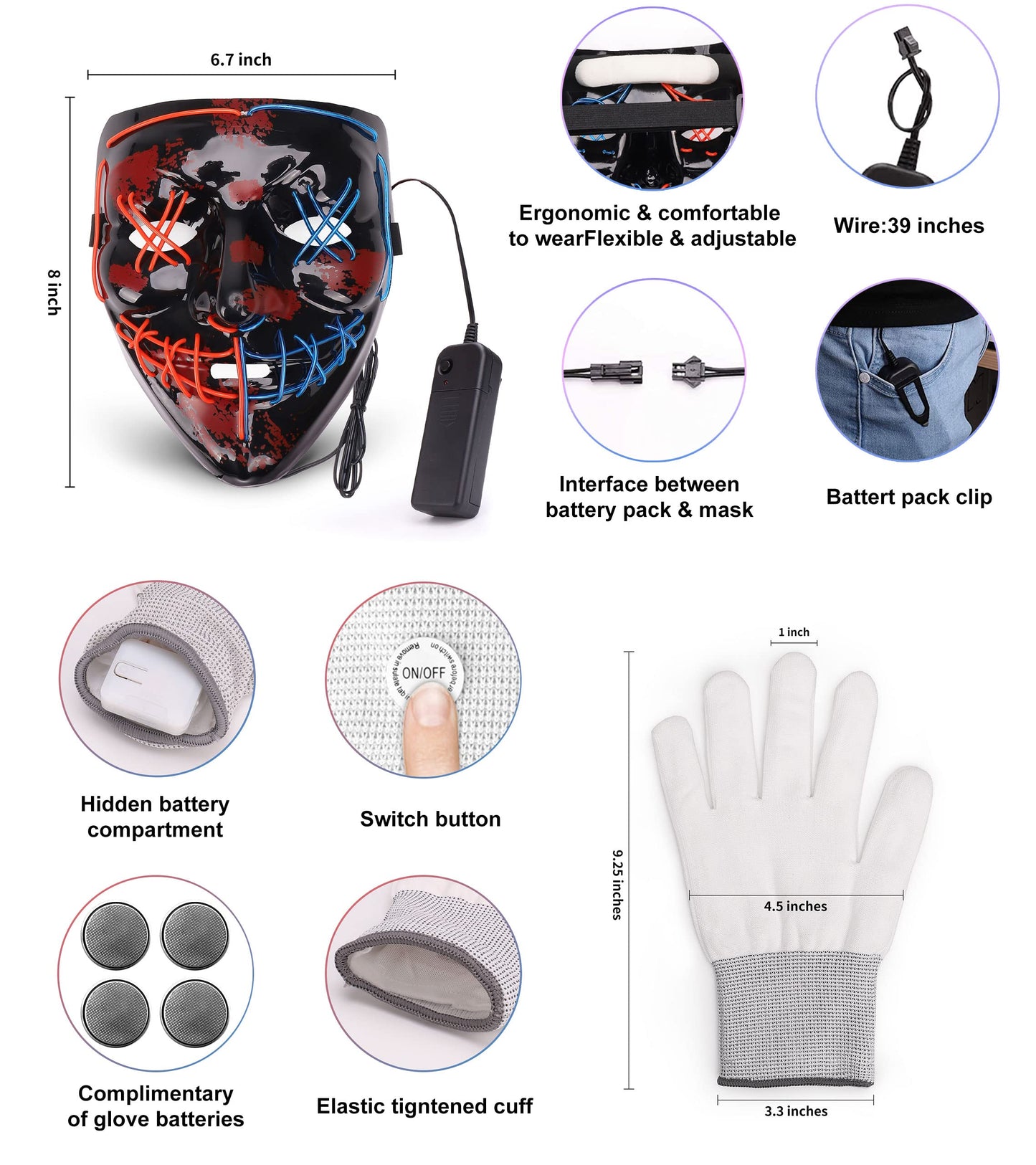 Sago Brothers Halloween Mask, Led Light Up Mask Skeleton Gloves Set, Halloween Costumes For Boys Girls, Scream Scary Mask