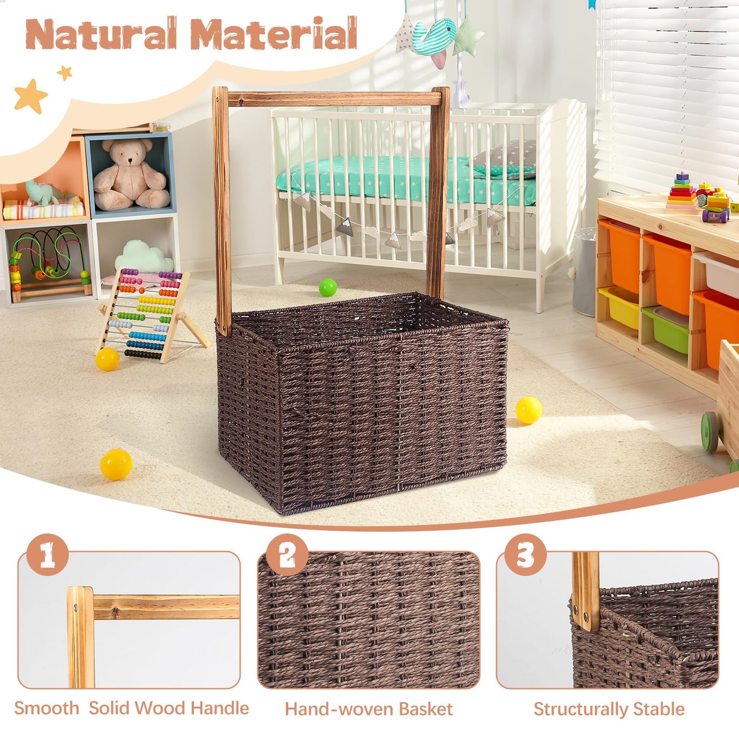 Wisreach Wooden Baby Shower Crate Closet, Foldable Handwoven Storage Basket With Handle For Shower Gifts