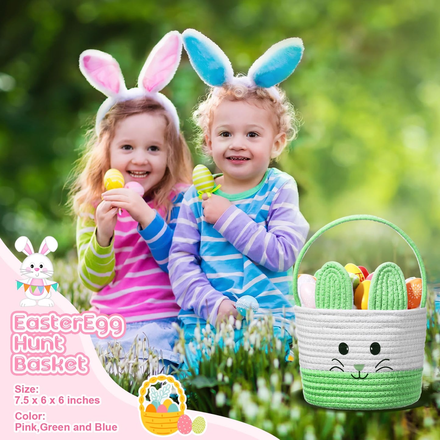 Beeveer 3 Pcs Easter Bunny Basket Bags Egg Hunt Basket Woven Cotton Easter Eggs Bucket Candy Egg Basket Egg Gift Bags Easter Tot