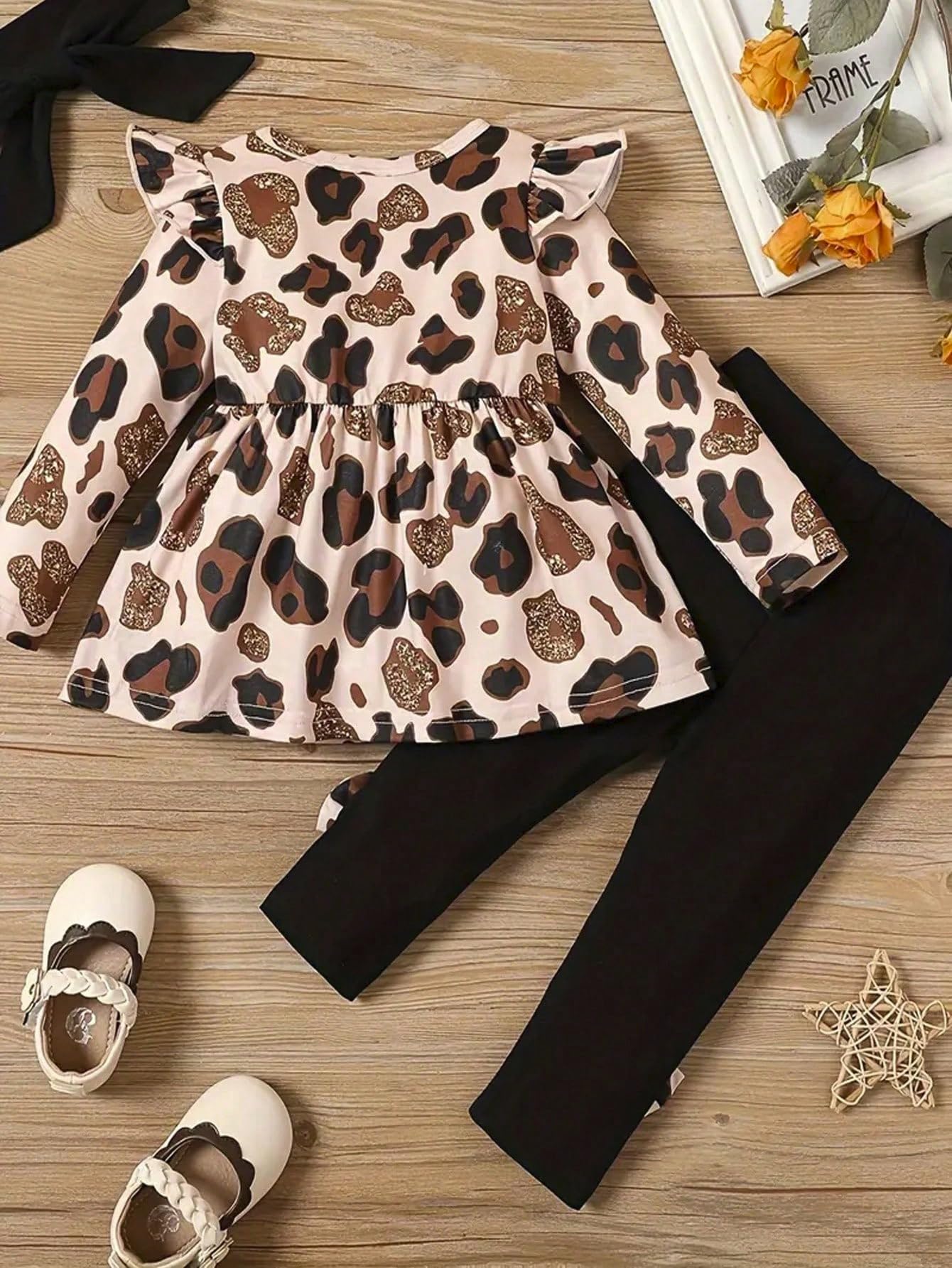Doresbebe 2T Girl Clothing 3T Baby Girl Clothes Toddler Girl Outfits Fall Leopard Shirt Fall Cute Ruffle Solid Black Pants Cute