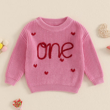Beautooly First Birthday Outfit Baby Girl Boy Cute Letter Embroidery Warm Long Sleeve Oversized Sweater Infant Knitwear (Pink Va