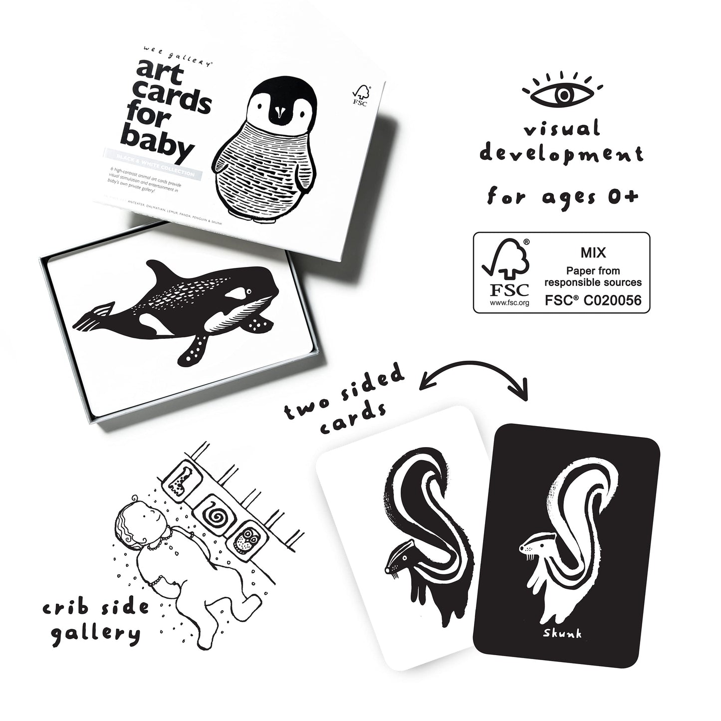 Wee Gallery Black and White Art Flash Cards for Babies, High Contrast Educational Animal Picture Cards, Baby Visual Stimulation,