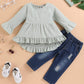 Bilison Toddler Baby Girl Clothes Cotton Linen Long Sleeve Ruffle Top And Ripped Jeans Outfit Sets
