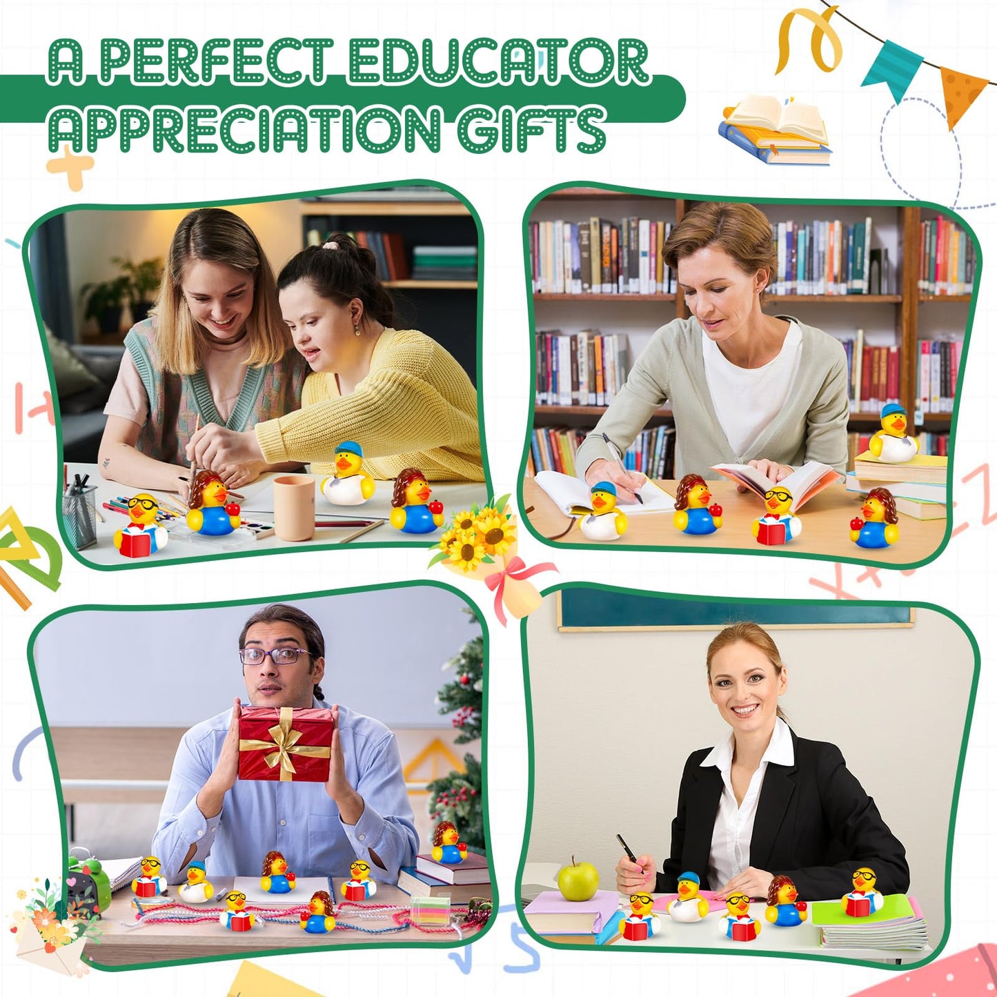 Deekin 24 Pcs Teacher Themed Party Favors Rubber Ducks 2 Inch School Educator Events Award Gifts for Teacher Appreciation Cute I