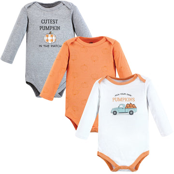 Hudson Baby Unisex Baby Cotton Long-Sleeve Bodysuits Pumpkin Truck 3-Pack, 6-9 Months